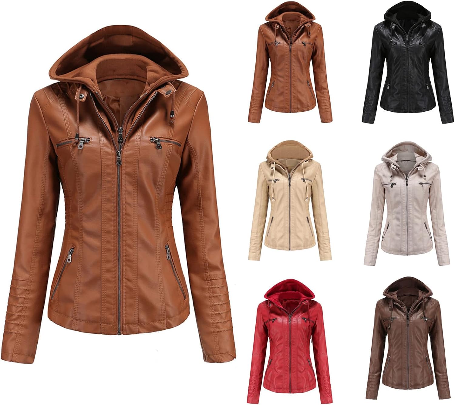 Faux Leather Jacket Women Motorcycle Coat for Biker with Removable Hood XS-4XL