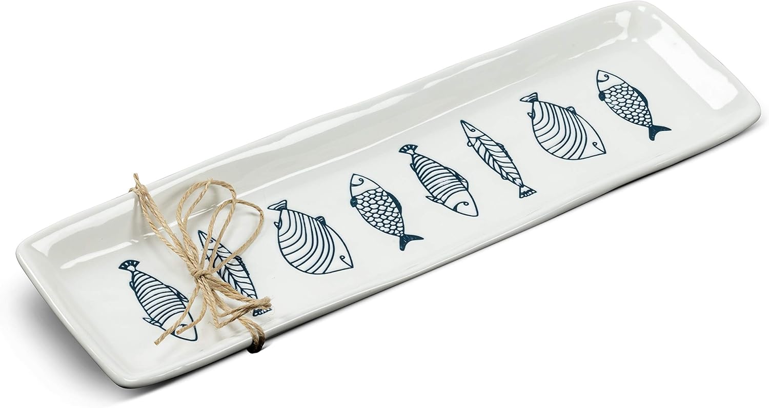 Abbott Collection Corfu Long Slim Fish Plate, 1 EA - Stoneware, White/Blue (12.5" L)