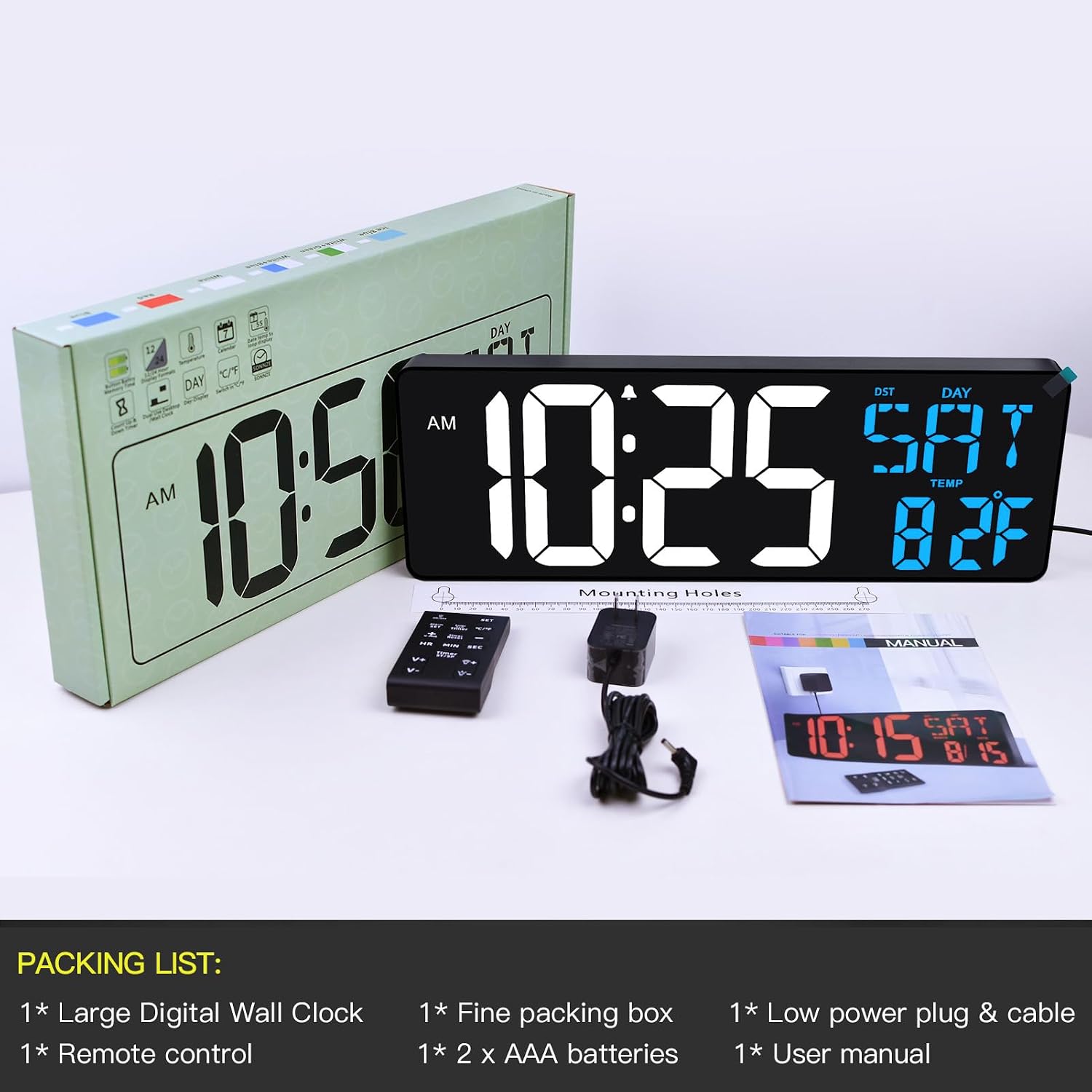 17" Large Digital Wall Clock with Remote, Auto Dimmer, Date Temp, Timer