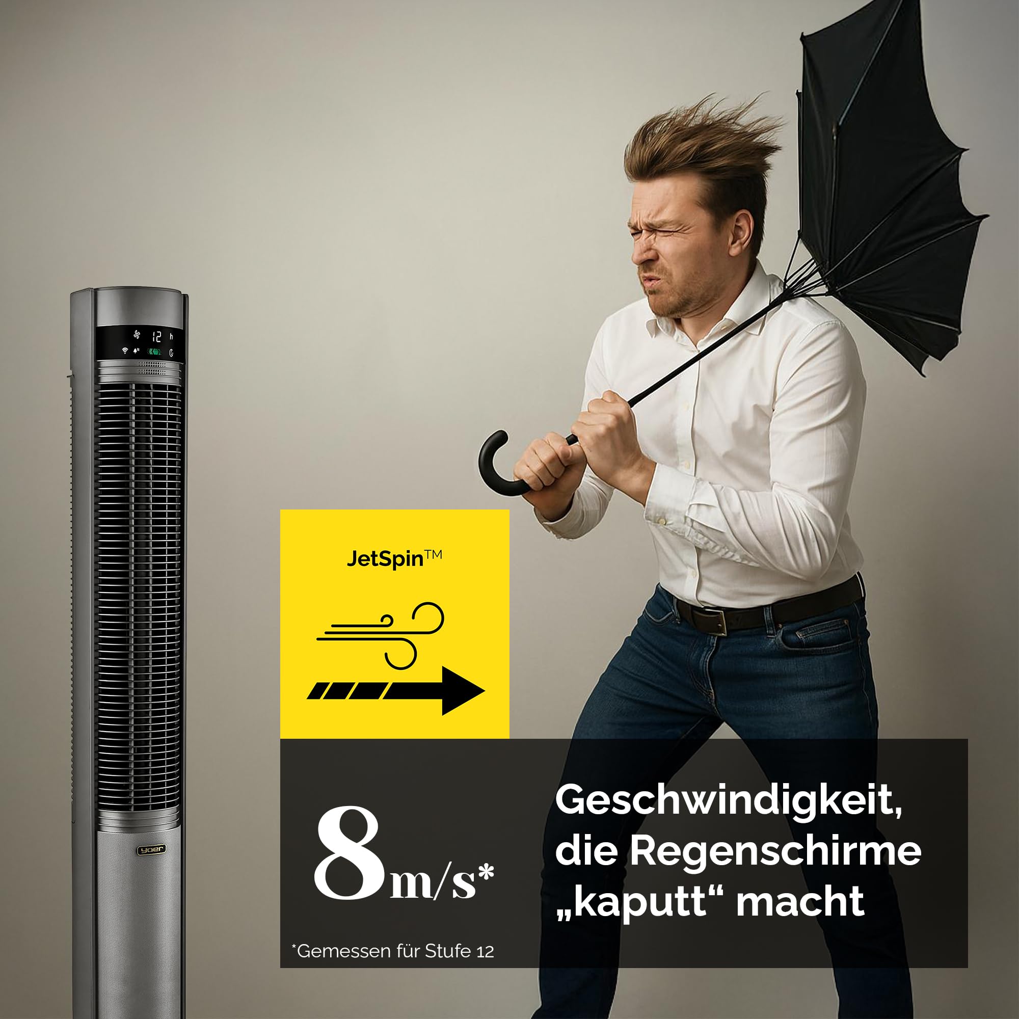 YOER CoolWhisper TF07G Leiser Turmventilator, 19dB, 12 m Wurfweite, WLAN & App, 12 Geschwindigkeitsstufen, 80° Oszillation, Plasma-Ionisator, grau