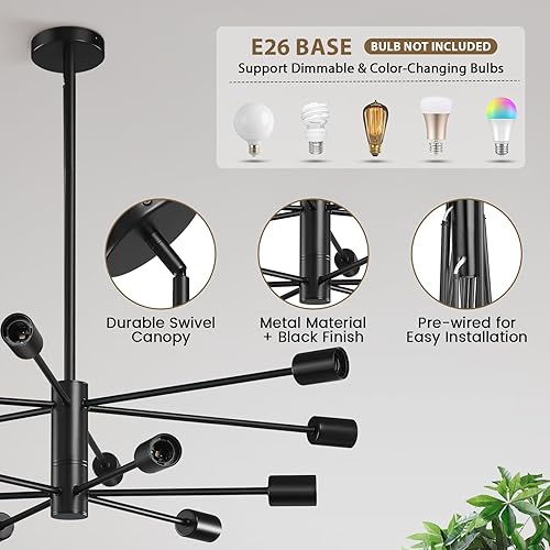 Miniatura 4 de KAISITE Lámpara de araña Sputnik moderna  Lámpara de techo de granja negra de 12 luces para comedor, cocina, sala de estar