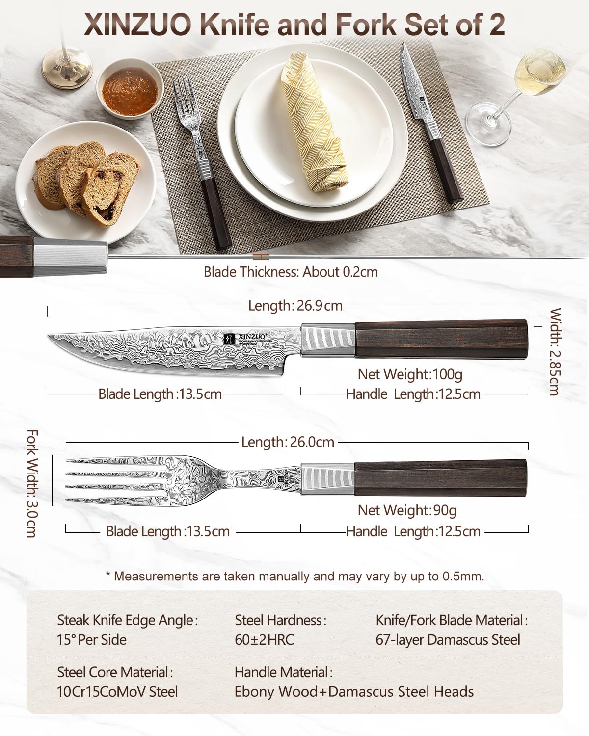 XINZUO Set de Couverts à Steak 2 Pièces-67 Couches Acier Damas Couteaux et Fourchettes à Steak-Couteau de Table Ensemble de Couteaux à Dîner-Ergonomique Poignée en Bois de Ébène-avec Boîte Cadeau