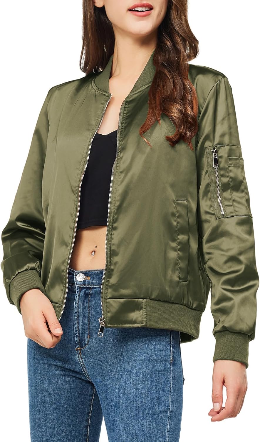 Satin Bomber Jacket Women Casual Fall Varsity Jackets Zip Up Outerwear Windbreaker with Pockets
