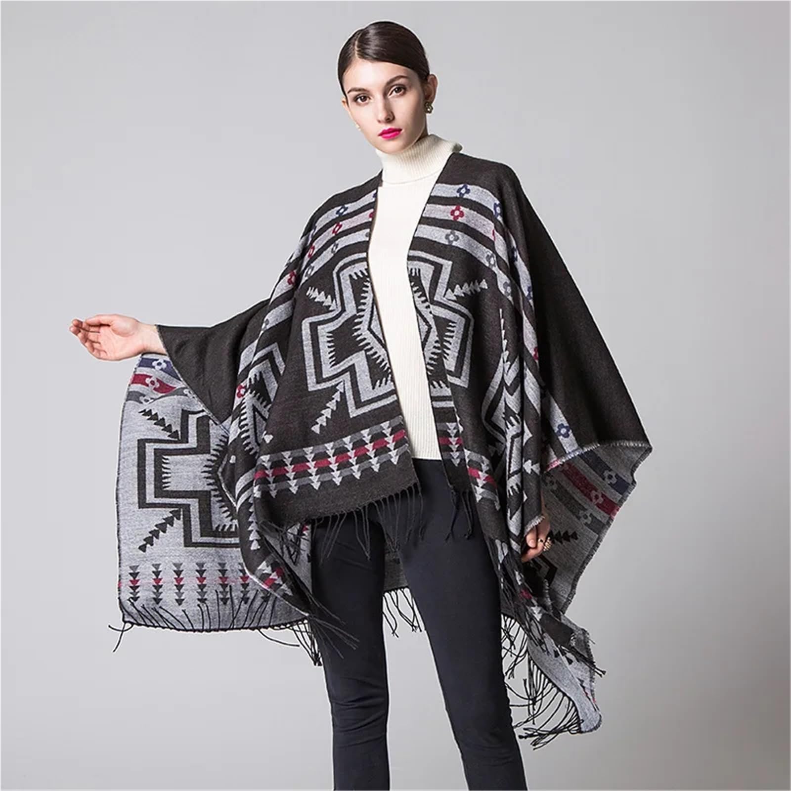 Poncho Donna Poncho Autunnali Popolari in Cashmere Spesso con Nappe, Stile Nazionale, da Viaggio, Scialle, Sciarpa, Mantelle