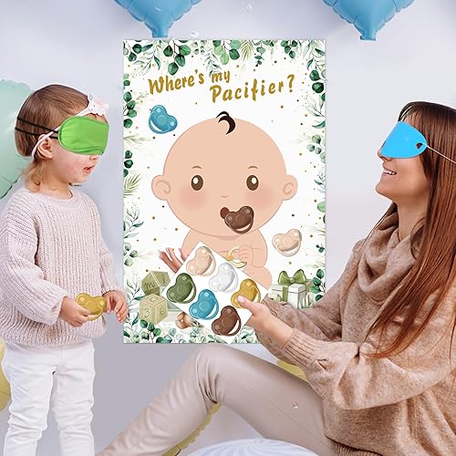 Miniatura 6 de Hxezoc Juegos de baby shower Pin The Chupete en el juego del bebé con 36 calcomanías para chupete, juegos de póster de bebé verde grande para fiesta