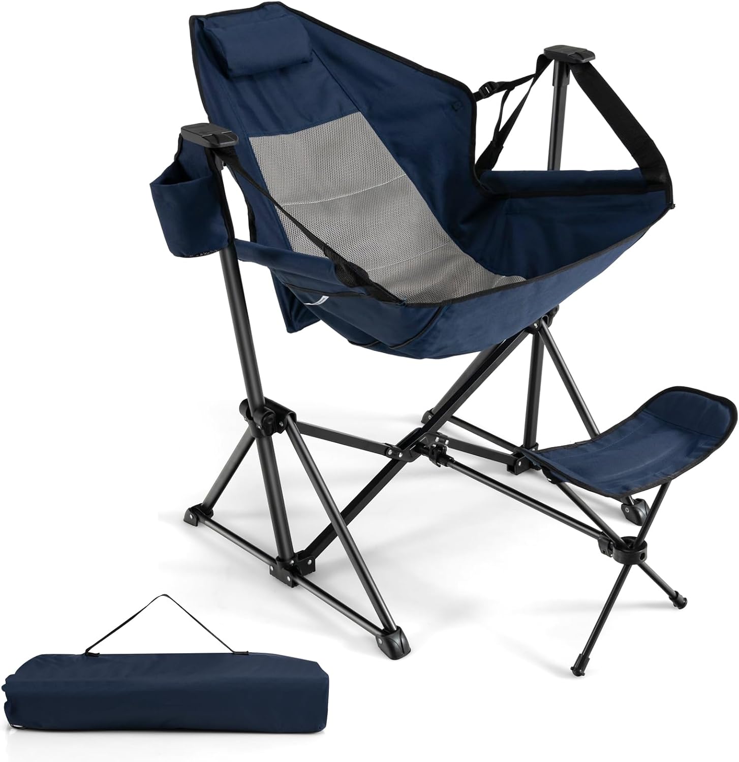 GYMAX Hammock Camping Chair in Navy color with a carrying bag next to it.