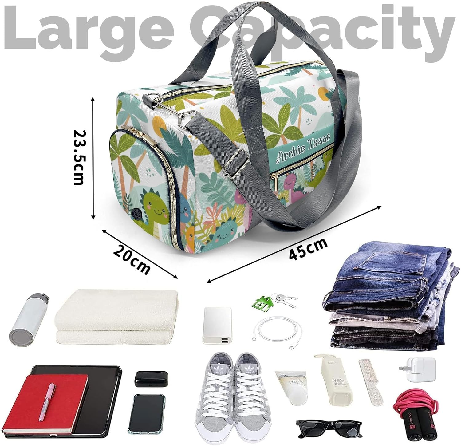 Colorful Dinosaur Palm Tree Personalized Duffel Bags Customized Multi-Function Travel Bag Gym Sports Bag Dance Ballet Overnight Carry On Weekend Bag