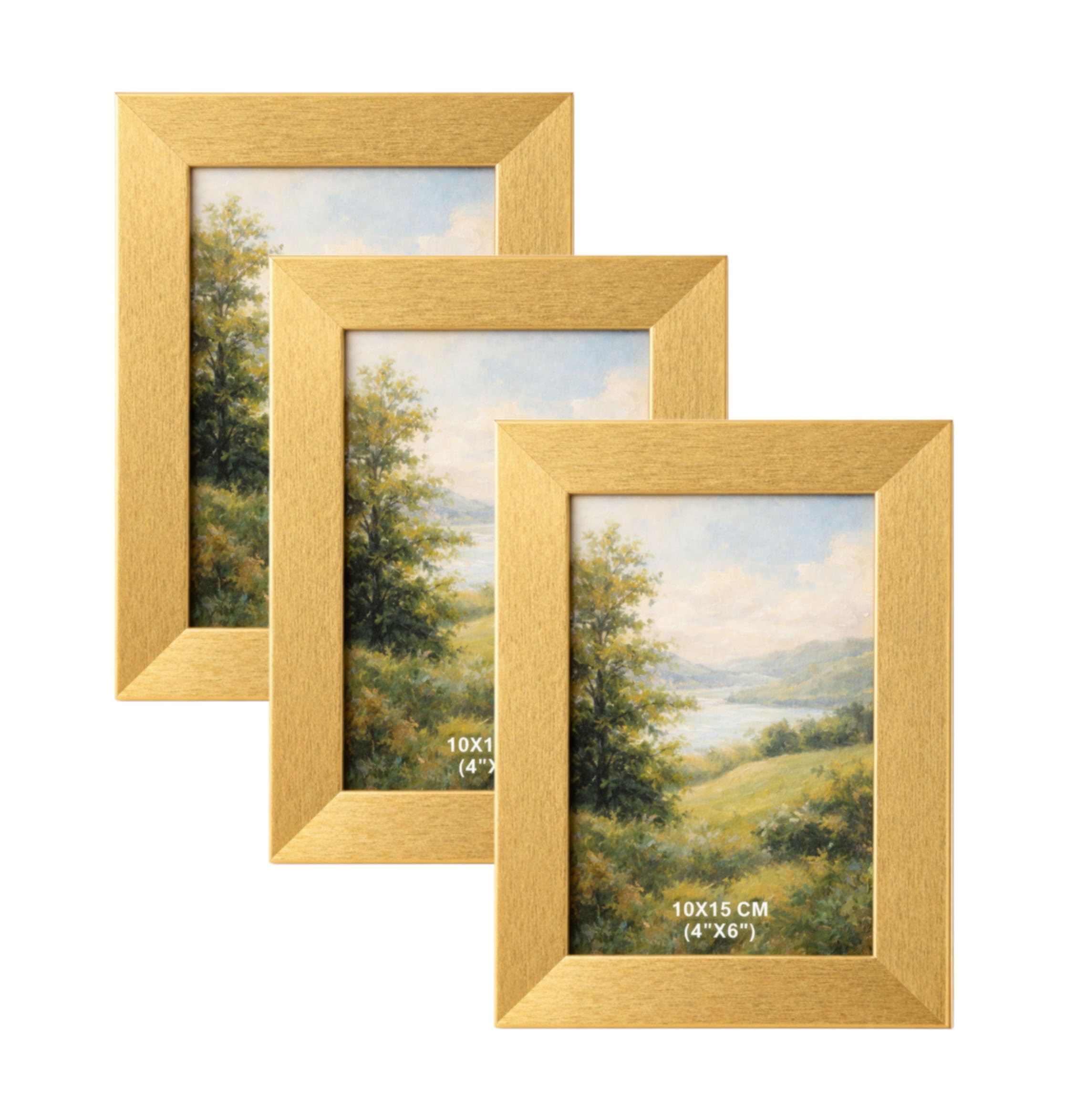 BH | 4x6 Gold Picture Frame Set of 3 | 10 x 15cm Wood Photo Frame with Glass Front | Tabletop and Wall Mounting Display | Horizontal or Vertical Use for Living Room, Bedroom & Office - by Best House