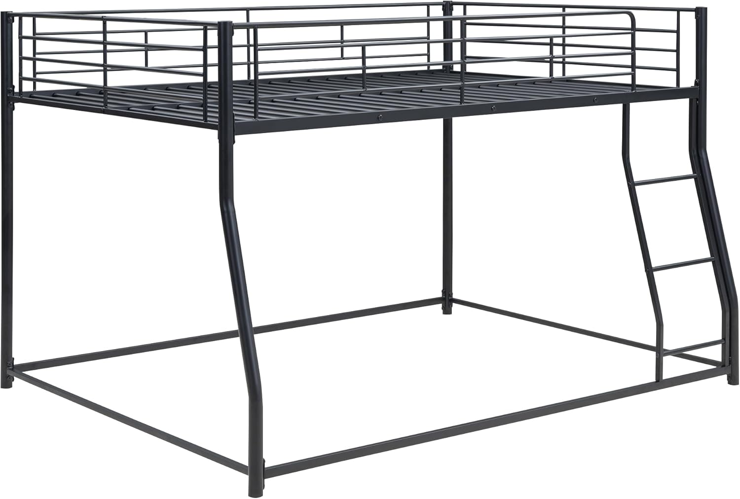 Linique Full XL Over Queen Metal Floor Bunk Bed, 2 Beds in 1 Bed Frame with Guardrail and Ladder, No Spring Box Required, Black