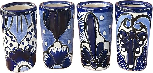 Miniatura 10 de Juego de 4 vasos de chupito Talavera mexicanos auténticos vasos de chupito de tequila - pintados a mano - 2 Oz azul con verde
