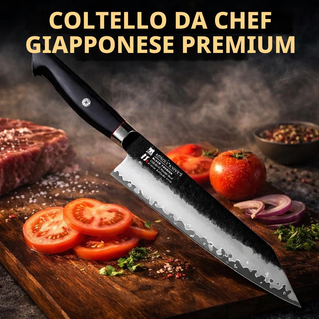 Coltello da Cucina Kiritsuke Forgiato Nero | Acciaio USA BG42 Ultra Affilato | Coltello da Chef Professionale | Design Giapponese | Alta Precisione per Carne, Pesce e Verdure