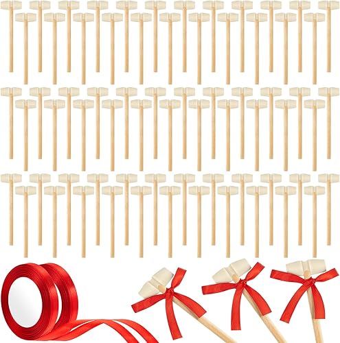 75 martillo de madera para chocolate para el día de San Valentín, martillo de corazón rompible con 2 rollos de cintas rojas, mini mazo de madera
