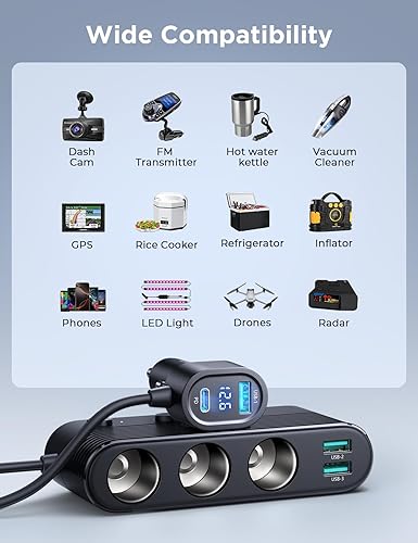 Miniatura 5 de JOYROOM - Divisor de encendedor de cigarrillos 7 en 1, adaptador de cargador de coche de 139 W con carga PD30W (cable de 3.3 pies), adaptador