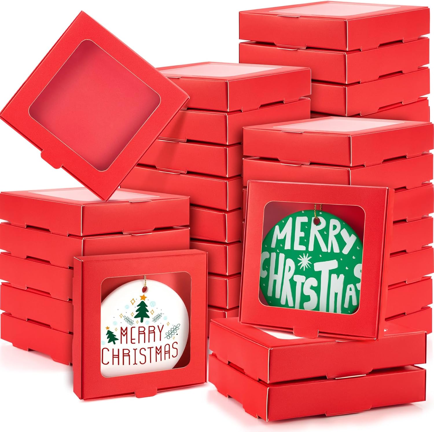 Dunzoom 50 Pcs Sublimation Ornament Blanks Gift Box 3.6"x3.6"x0.7" Christmas Ornaments Holder Ceramic Discs Packaging Box with Window for Personalized Xmas Tree Blanks Bulk (Red)
