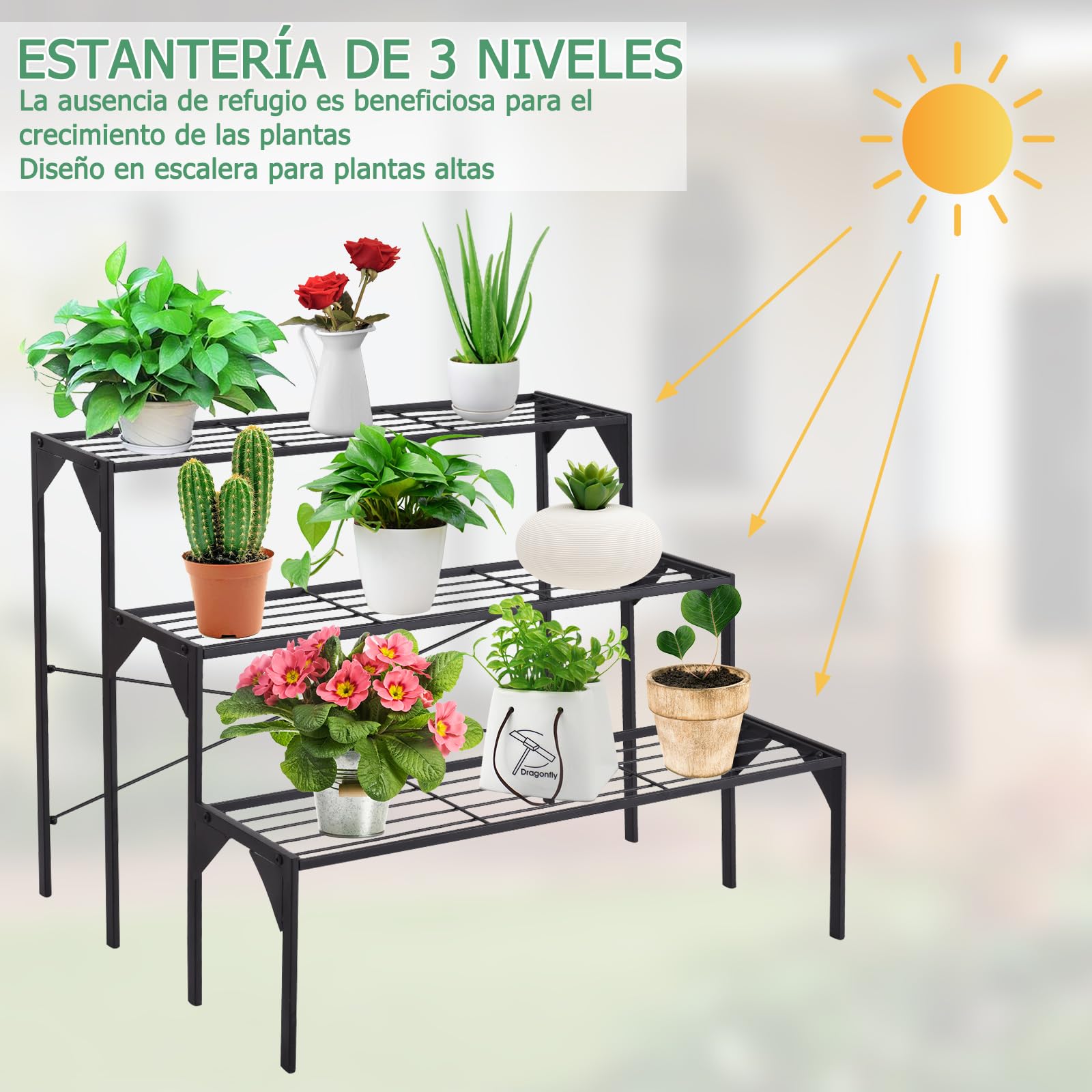 GOPLUS Estantería de Metal para Macetas, Estantería Escalera Decorativa para Plantas con 3 Niveles en Interior y Exterior, Soporte Rectangular de Almacenamiento de Macetas en Patio, Terraza, Negro
