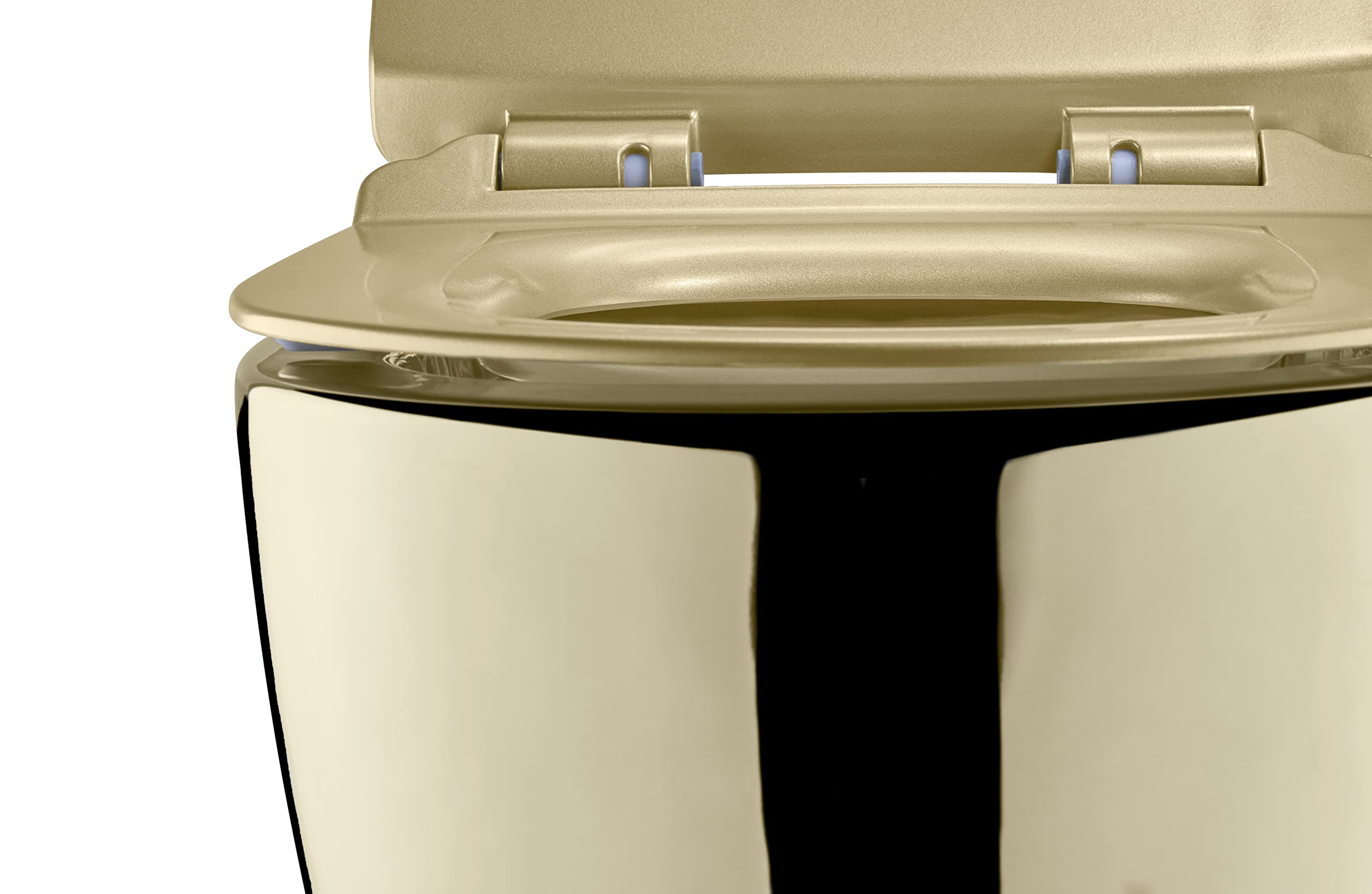 Ensemble WC Suspendu Doré Brillant - Cuvette Céramique avec Siège Softclose | Toilette murale sans bride à intérieur blanc et frein de chute. Design de luxe exclusif pour votre salle de bain moderne.