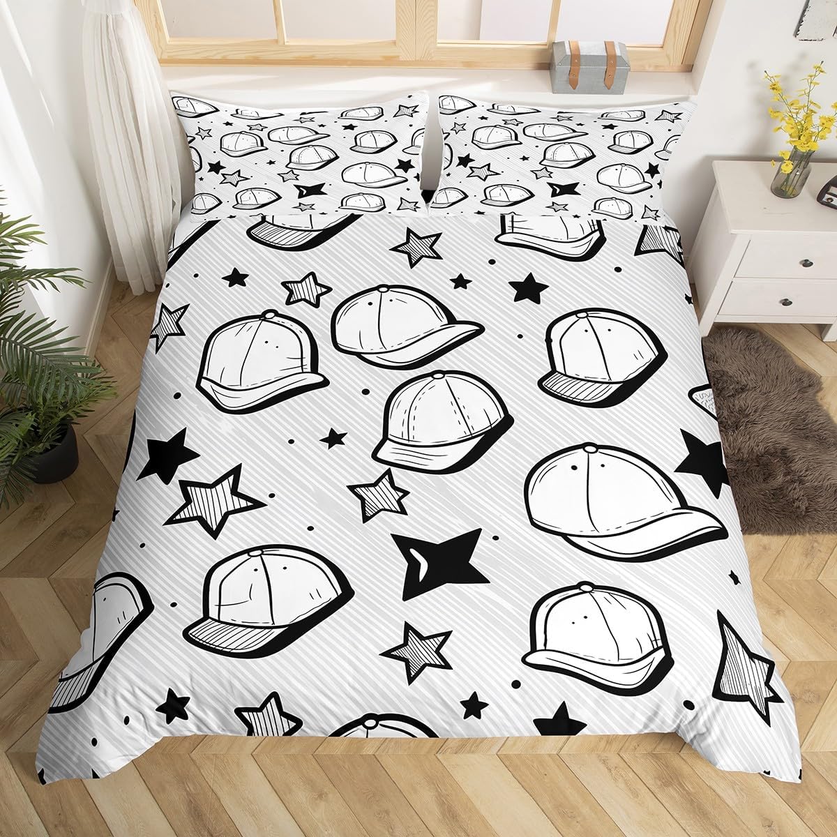 jejeloiu Gray White Baseball Theme Duvet Cover for Kids Boys Girls Toddler Size Baseball Cap Bedding Set Ultra Soft Star Print Comforter Cover Set Sports Game Bedspread Cover Room Decor,No Comforter
