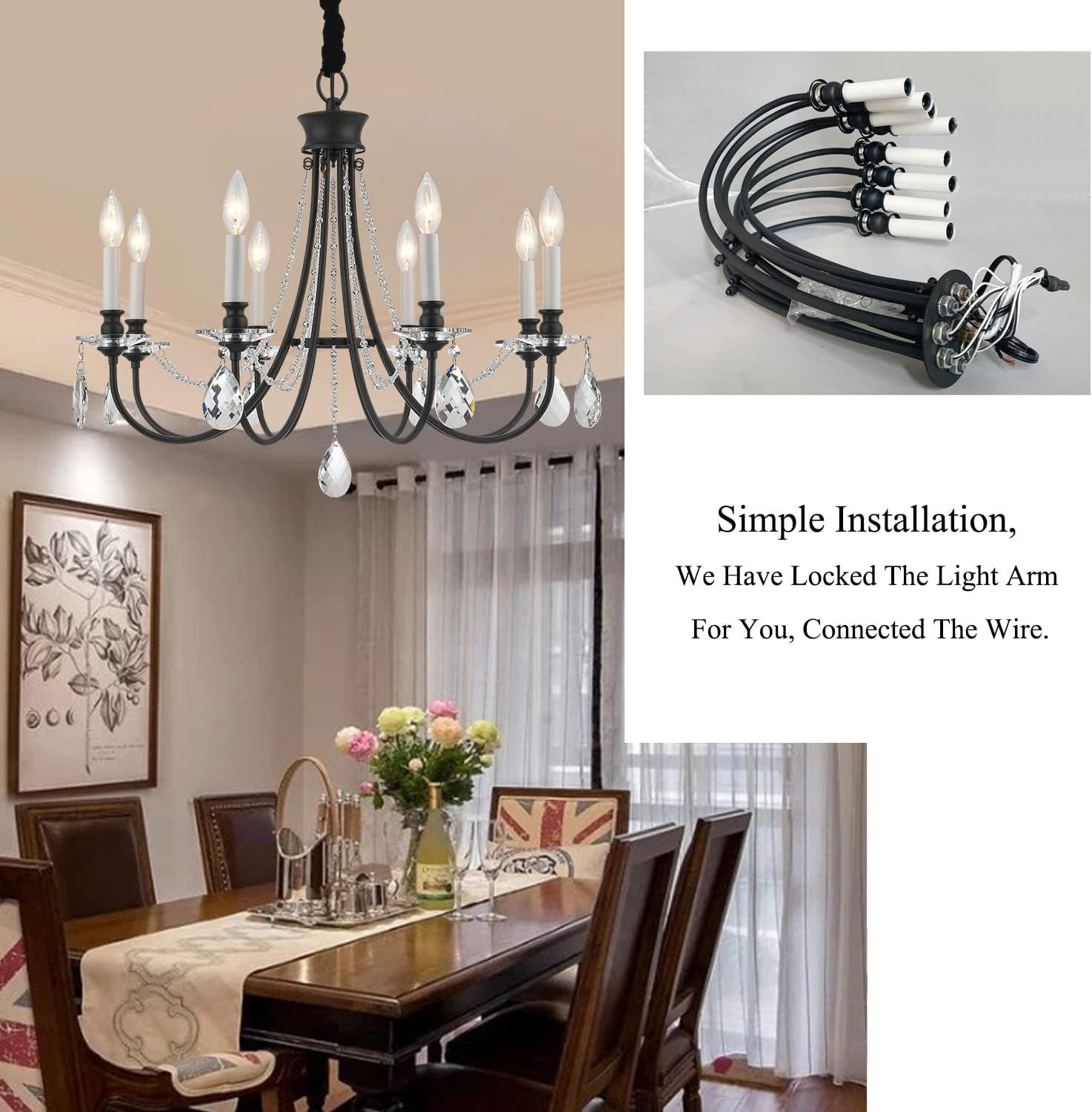 Black Crystal Chandeliers,8 Lights Farmhouse Crystals Chandelier for Dining Room, French Century Ceiling Light Fixtures Modern Vintage Pendant Lighting for Living Room, Bedroom, Foyer