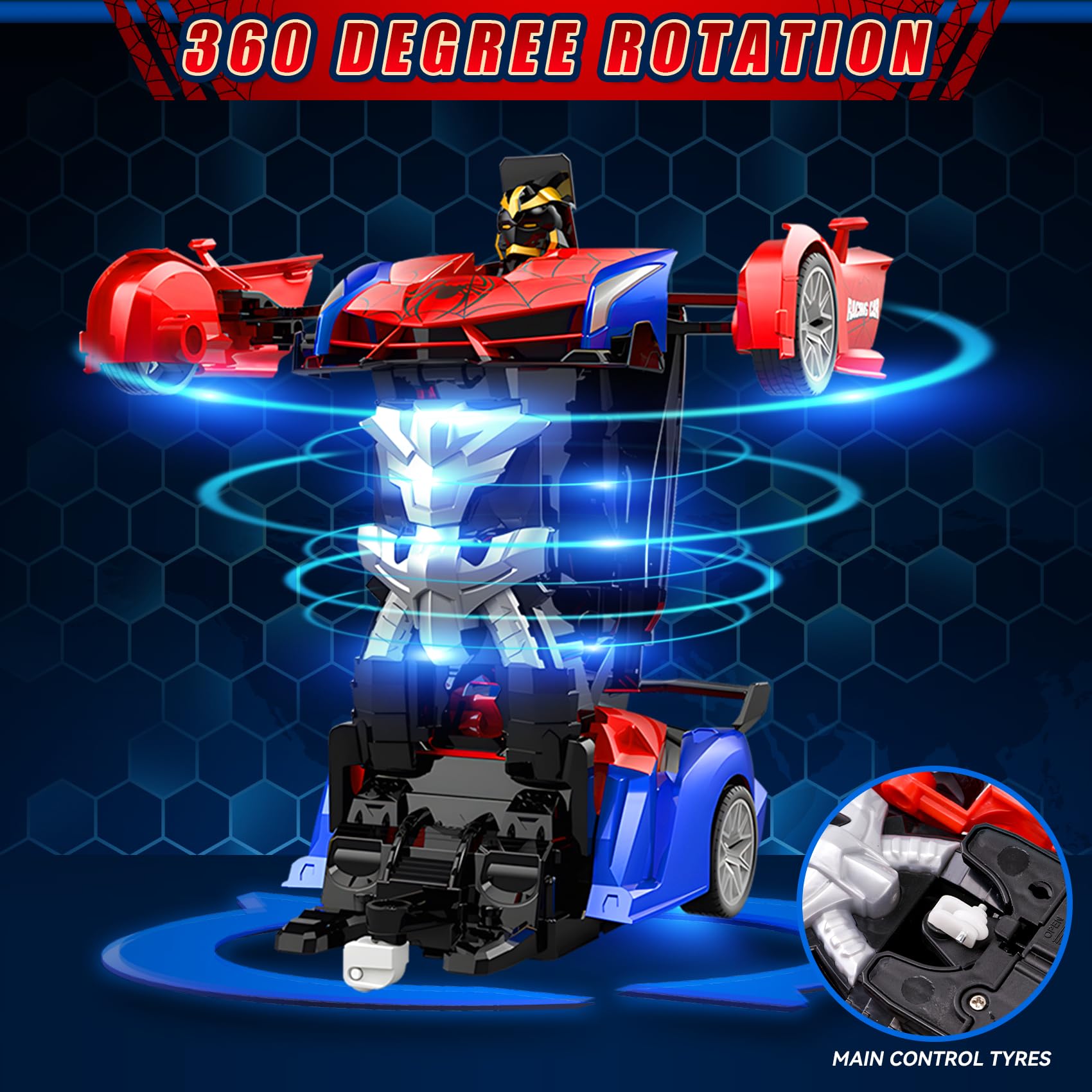 Macchina Telecomandata Spider, 2.4GHz Robot Trasformabile Spider RC Auto con Telecomando, 2 in 1 Macchina Polizia Giocattolo Bambini con Luce Lampeggiante, Auto Robot Trasformabile per Bambini