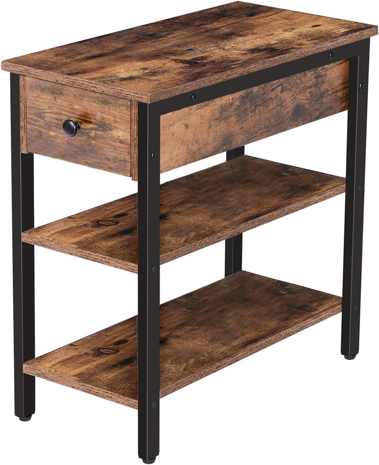 HOOBRO Side Table, 3-Tier Narrow Nightstand with Drawer and 2 Shelves, Industrial End Table for Small Space, Living Room, Bedroom, Office, Wood Look Accent Table, Rustic Brown and Black BF84BZ01