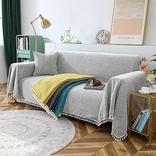 Miniatura 8 de DREAMINGO Fundas universales para sofá de felpilla gruesa, fundas protectoras para sofá de 3 plazas, funda de sofá estilo coreano con borlas a