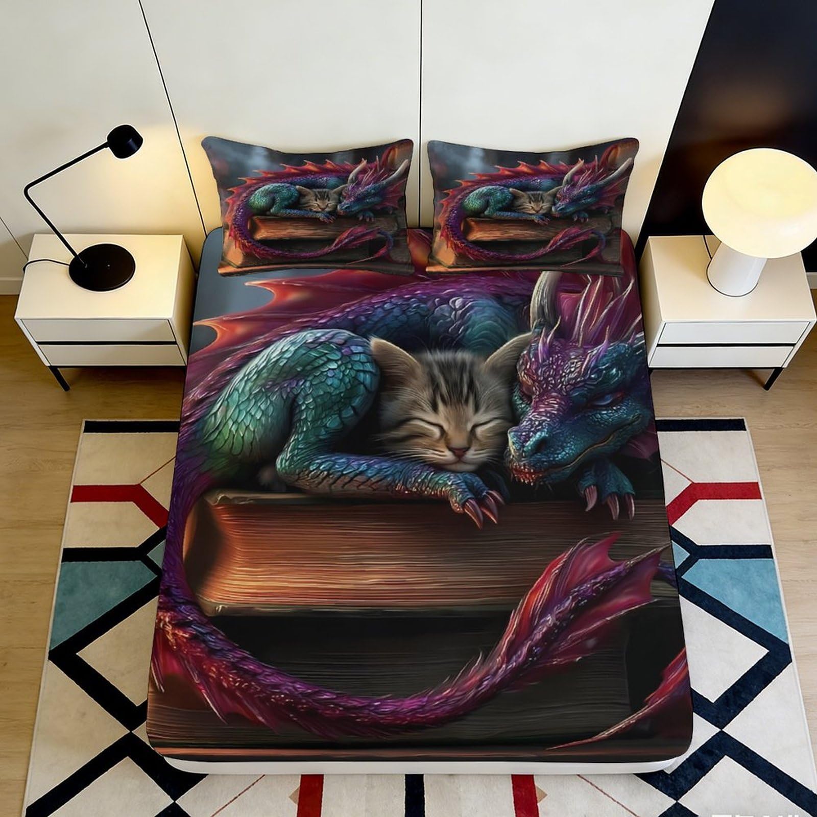 Dhbaneiok Style-6 3D Printed Fantasy Dragon Fitted Sheet Microfiber Soft Cat Book Mattress Cover For Bedroom Dorm Decor Protection 90X200x25cm