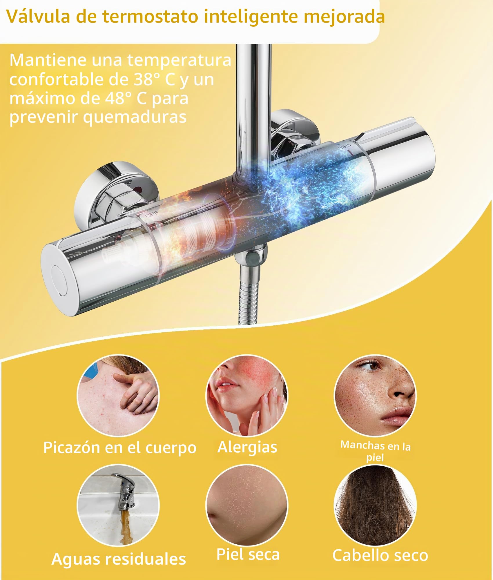 Grifo de Columna Ducha Termostático Antiquemaduras 38°con Barra e Ducha Ajustable Ducha Mano 3 Funciones Barra Altura Ajustable 88-125cm con Rociador de 25x25cm (cromo)