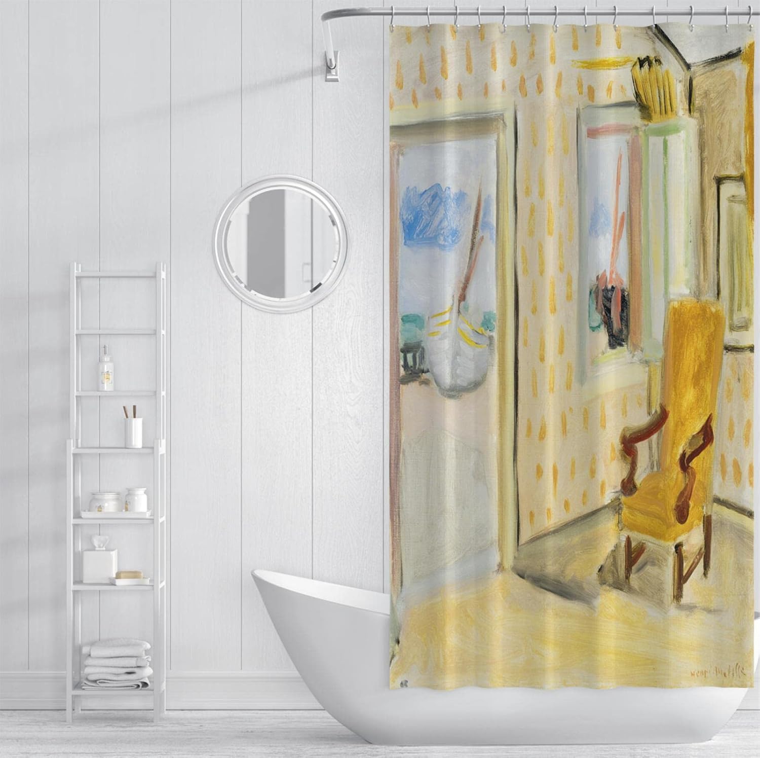Yellow Open Door Room Shower Curtain Liner Henri Matisse Impressionism Bathtub Curtain for Bathroom White Shower Curtain with Hooks W78 x L84(in)