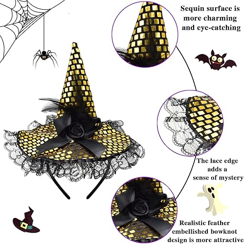 Miniatura 10 de ZeeDix Diadema de sombrero de plumas de bruja de Halloween, bonito tocado de bruja para disfraz de Halloween, suministros de mascarada
