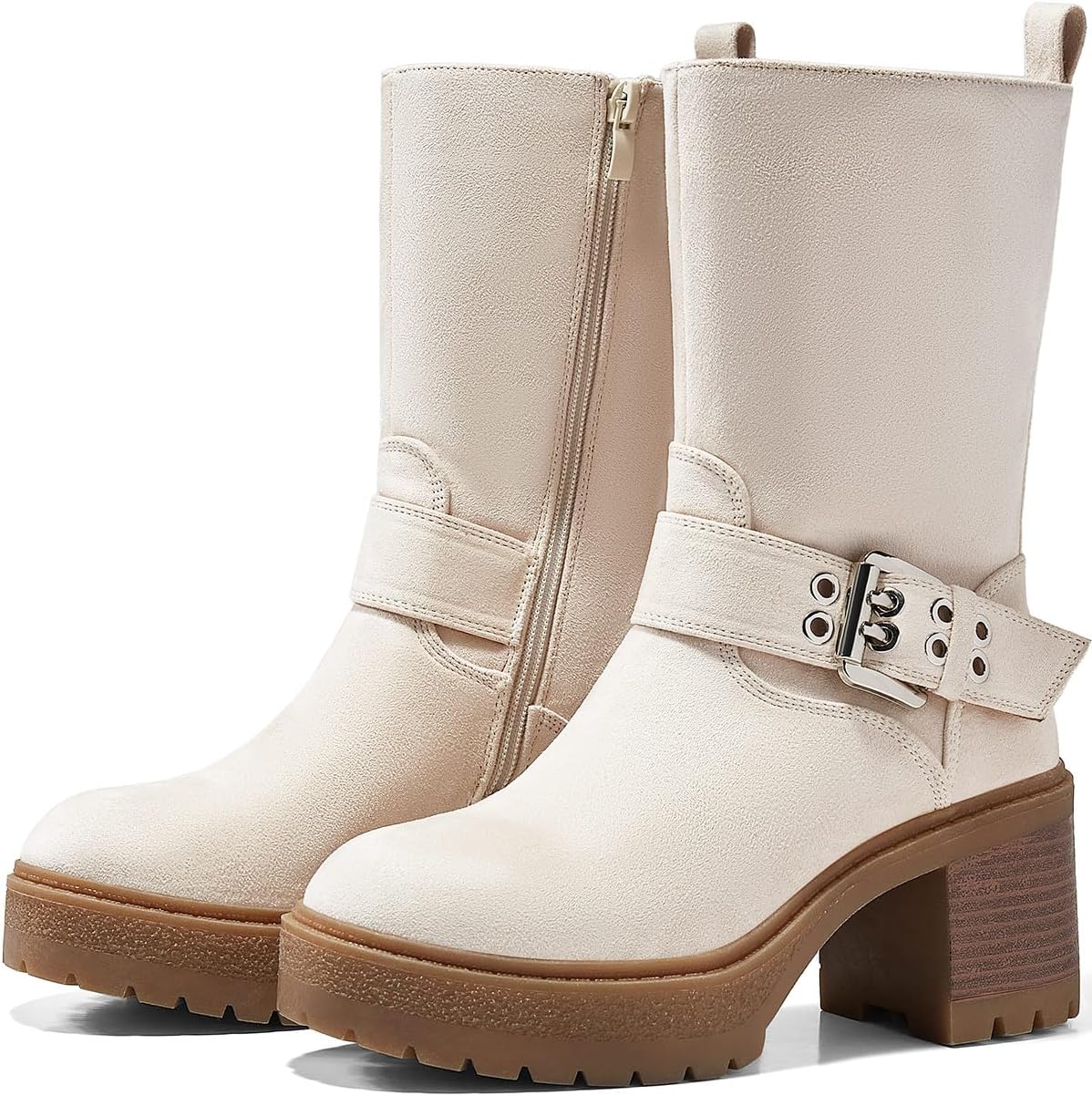 Coutgo Womens Mid Calf Boots Platform Chunky Heel Booties Buckle Zipper Winter Motorcycle Boot Shoes
