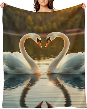 Swan Heart Sunset Lake Print Throw Blanket, Soft Flannel Fuzzy Cozy Warm Blanket for Couch Bed Sofa Home Decor, 30"x40"