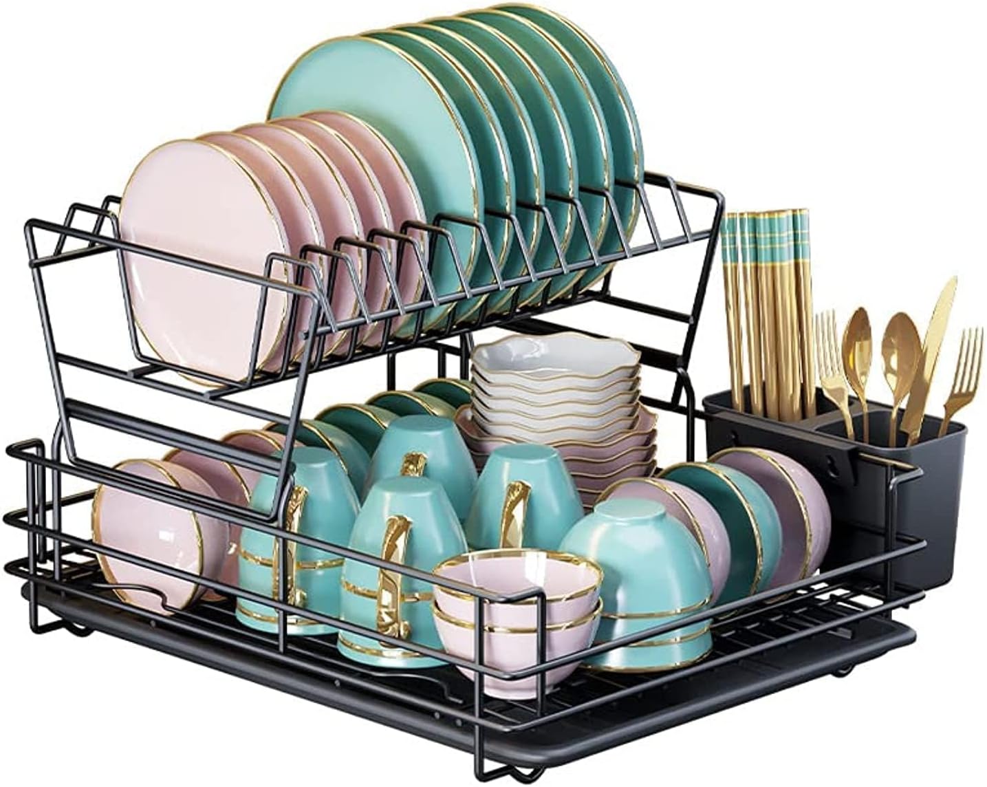 STORESLA™ Premium Dish Drying Rack - 2 Tier Dish Racks for Kitchen Counter, Stainless Steel Kitchen Dish Drying stand, Dish Drainer Organizer with Utensil Holder, Drain Board, Black (2-Tier Black)