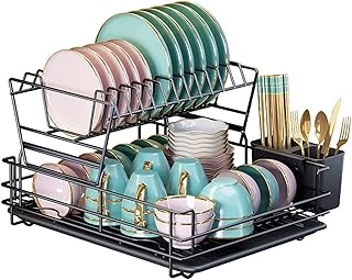 STORESLA™ Premium Dish Drying Rack - 2 Tier Dish Racks for Kitchen Counter, Stainless Steel Kitchen Dish Drying stand, Dish Drainer Organizer with Utensil Holder, Drain Board, Black (2-Tier Black)