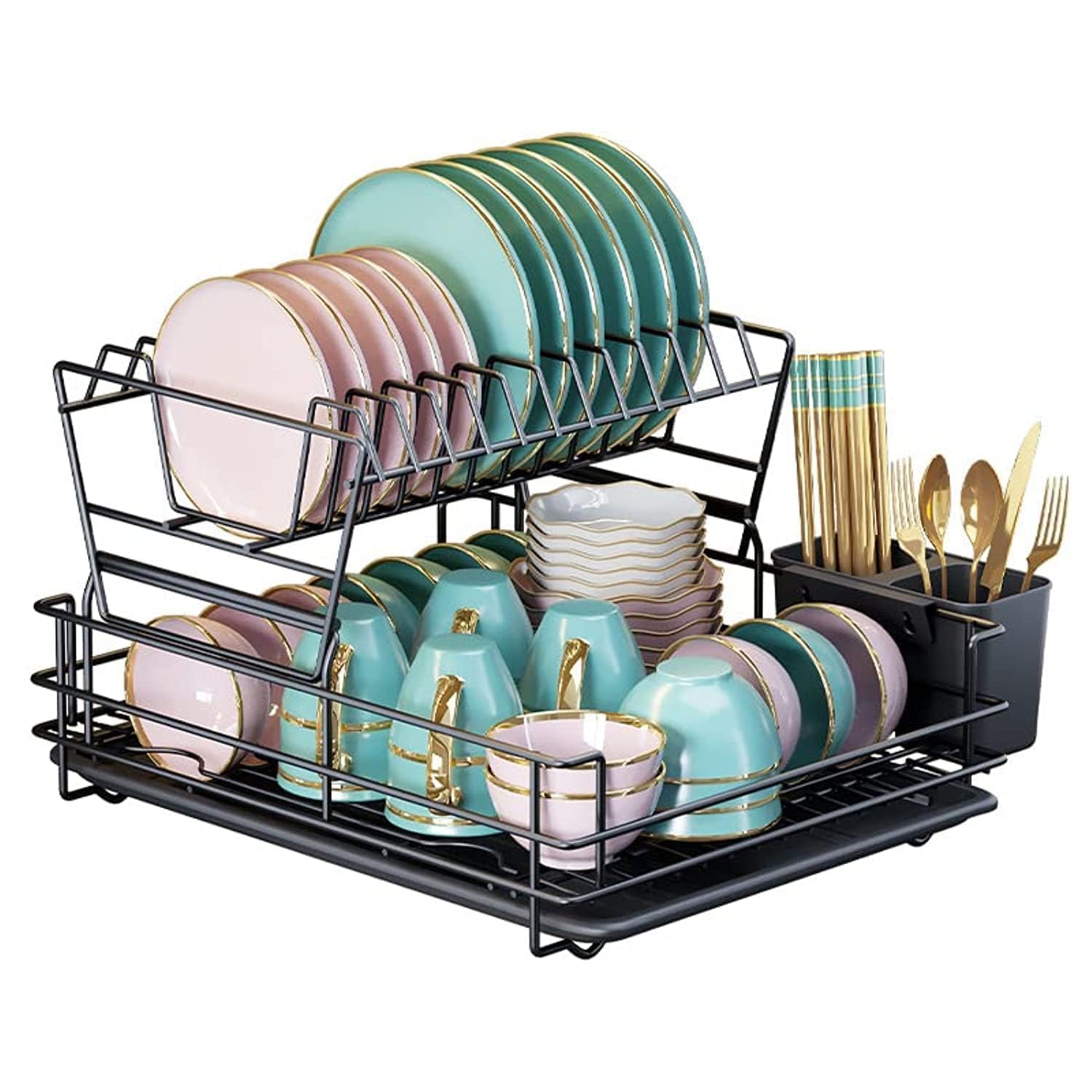 STORESLA™ Premium Dish Drying Rack - 2 Tier Dish Racks for Kitchen Counter, Stainless Steel Kitchen Dish Drying stand, Dish Drainer Organizer with Utensil Holder, Drain Board, Black (2-Tier Black)