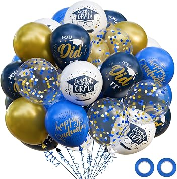 OuMuaMua 74 Pack Graduation Party Decorations Balloons Set - 12 Inch Navy Blue Metallic Gold Graduation Balloons Blue Gold White Confetti Balloons for Class of 2026 Grad Birthday Party Decor Supplies
