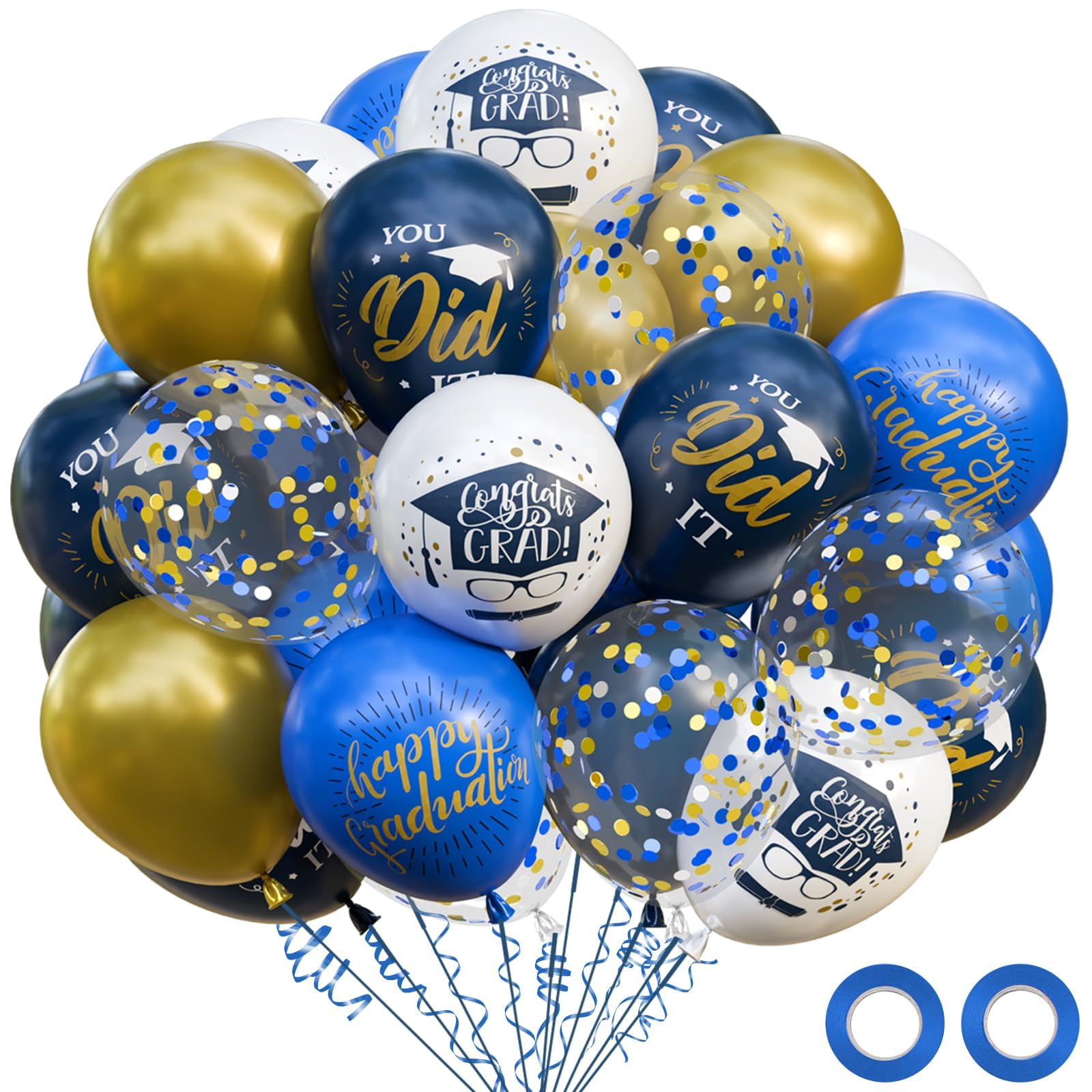 OuMuaMua 74 Pack Graduation Party Decorations Balloons Set - 12 Inch Navy Blue Metallic Gold Graduation Balloons Blue Gold White Confetti Balloons for Class of 2026 Grad Birthday Party Decor Supplies