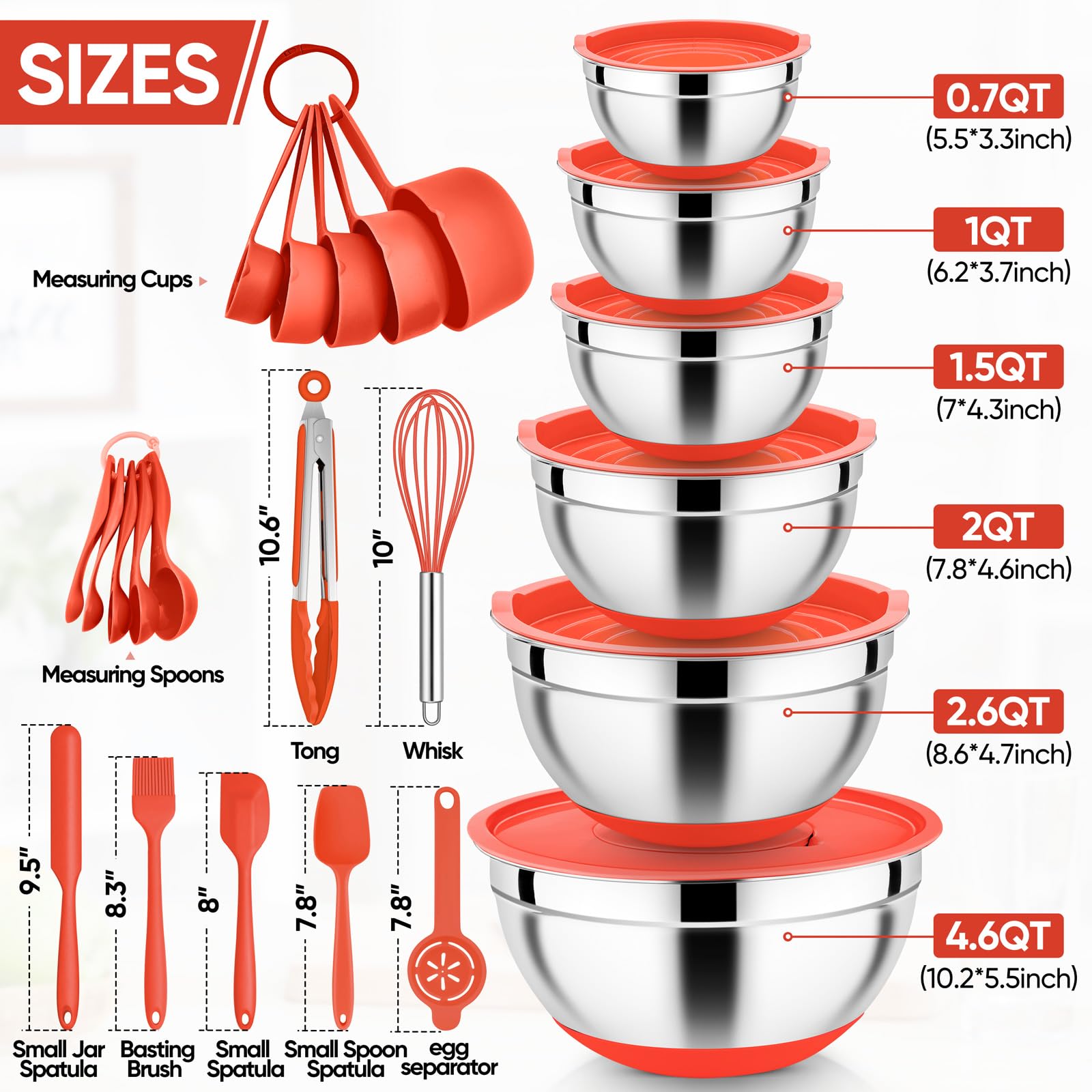 E-far Juego de cuencos para mezclar con tapa, 25 cuencos de acero inoxidable con accesorios de rallador, parte inferior antideslizante para cocinar, hornear, servir, almacenamiento de alimentos,