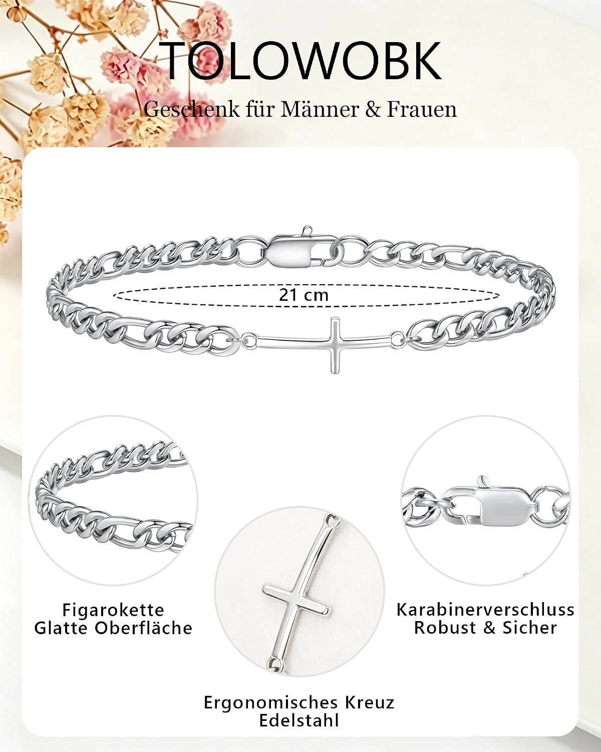 Mens Bracelet Cross Figaro Chain Confirmation Graduation Birthday Gift for Men Son Grandson Grandson Brother image 4