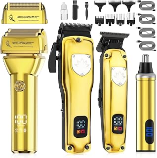 Dumite 4-in-1 Hair Clippers for Men, Professional Cordless Barber Hair Cutting Kit, T-Blade Trimmer, Electric Foil Shaver, Nose Hair Trimmer, LCD Display, Grooming Gift Set (Gold)