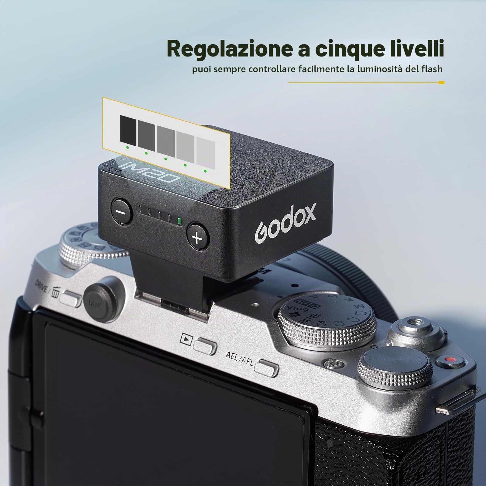 Godox iM20 Fotocamera Flash, Batteria incorporata con 5 Livelli Flash Power per Canon/Sony/Fuji/Nikon/Panasonic/Olympus, per Fotocamere con Hotshoe Singolo Contatto