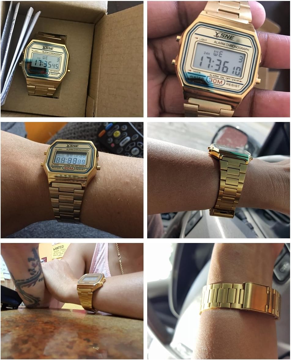 Digital Sports Watch Men's Women Water Resistant Outdoor Stainless Steel Band Electronic Square LED Back Light Classic Wristwatch Gold 1123 image 6 of 6 B018S0UFOE