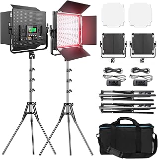 RGB LED Video Lighting Kit, Pixel 2 Packs Full Color Video Light, 552pcs Led Beads 45W/CRI 97+/2600K-10000K/9 Applicable Scenes, Led Photography Light with U Bracket and Barn Door for Video Shooting