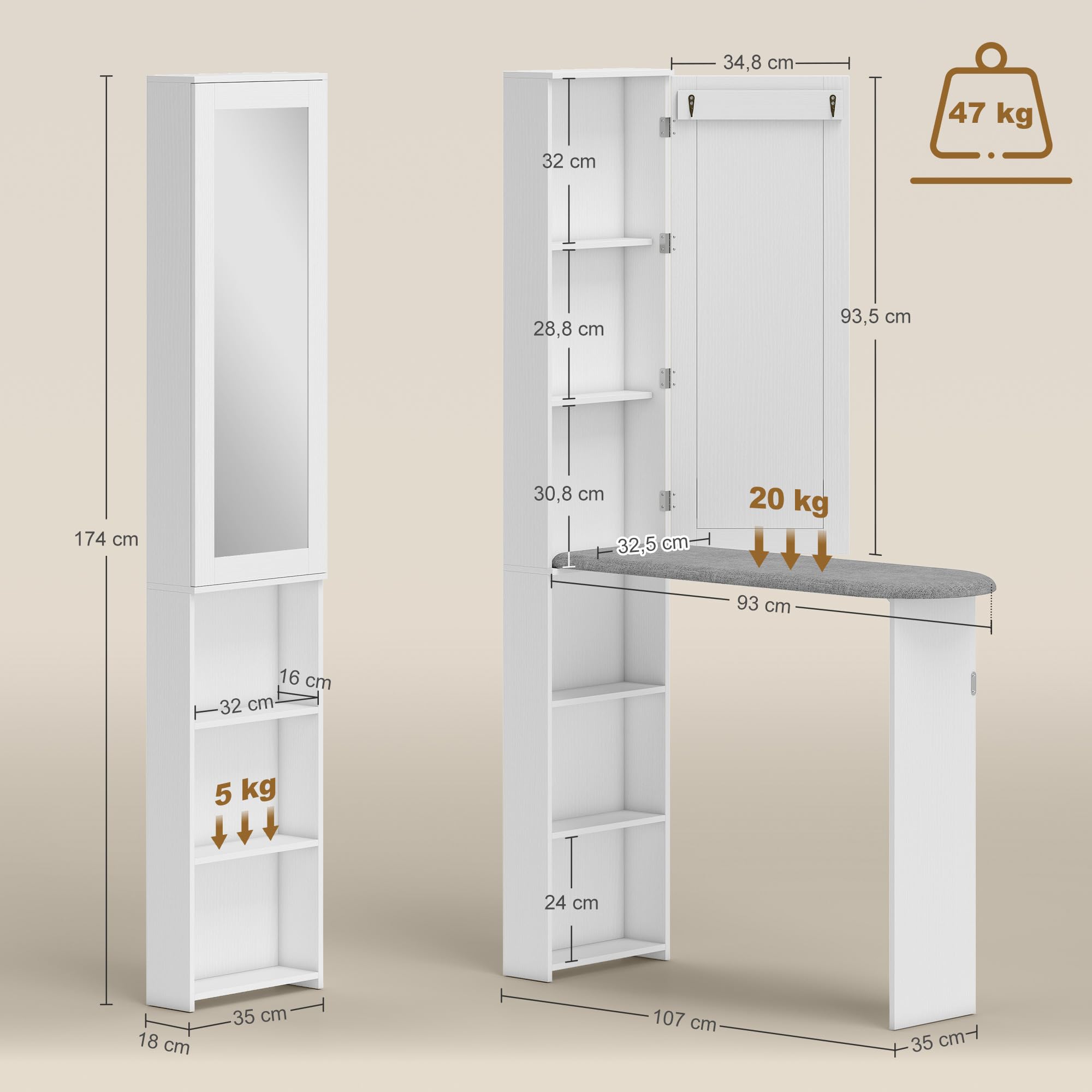 HOMCOM Mueble de Plancha con Espejo, Tabla de Planchar Plegable, Mueble Planchador con 6 Compartimentos, 2 Ganchos, para Espacios Reducidos, 107x35x174 cm, Blanco