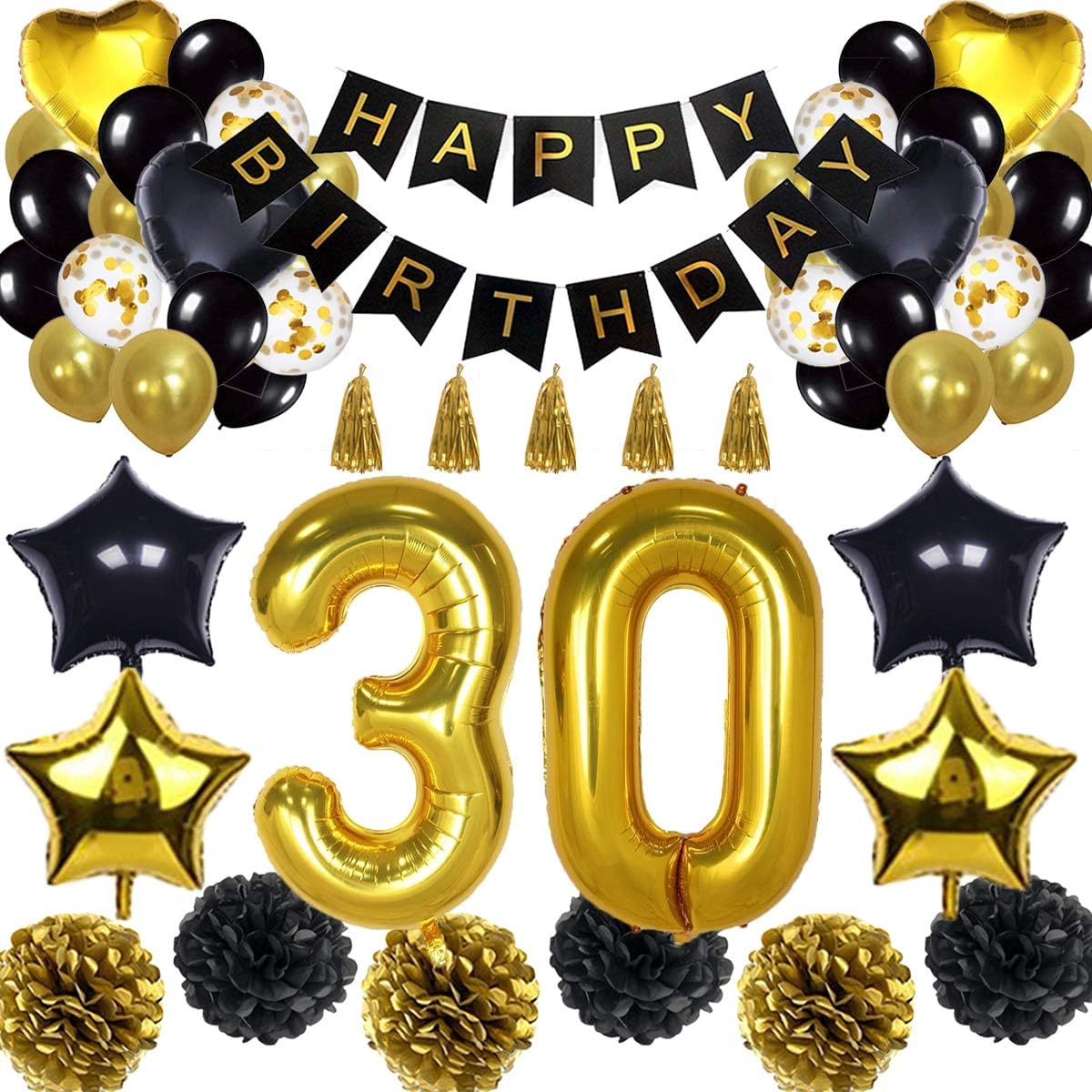 BRT Bearings 30th Birthday Decorations Balloon Banner - Happy Birthday Banner, 30th Gold Number Balloons, Black and Gold, Number 30 Birthday Balloons, 30 Years Old Birthday Decoration Supplies