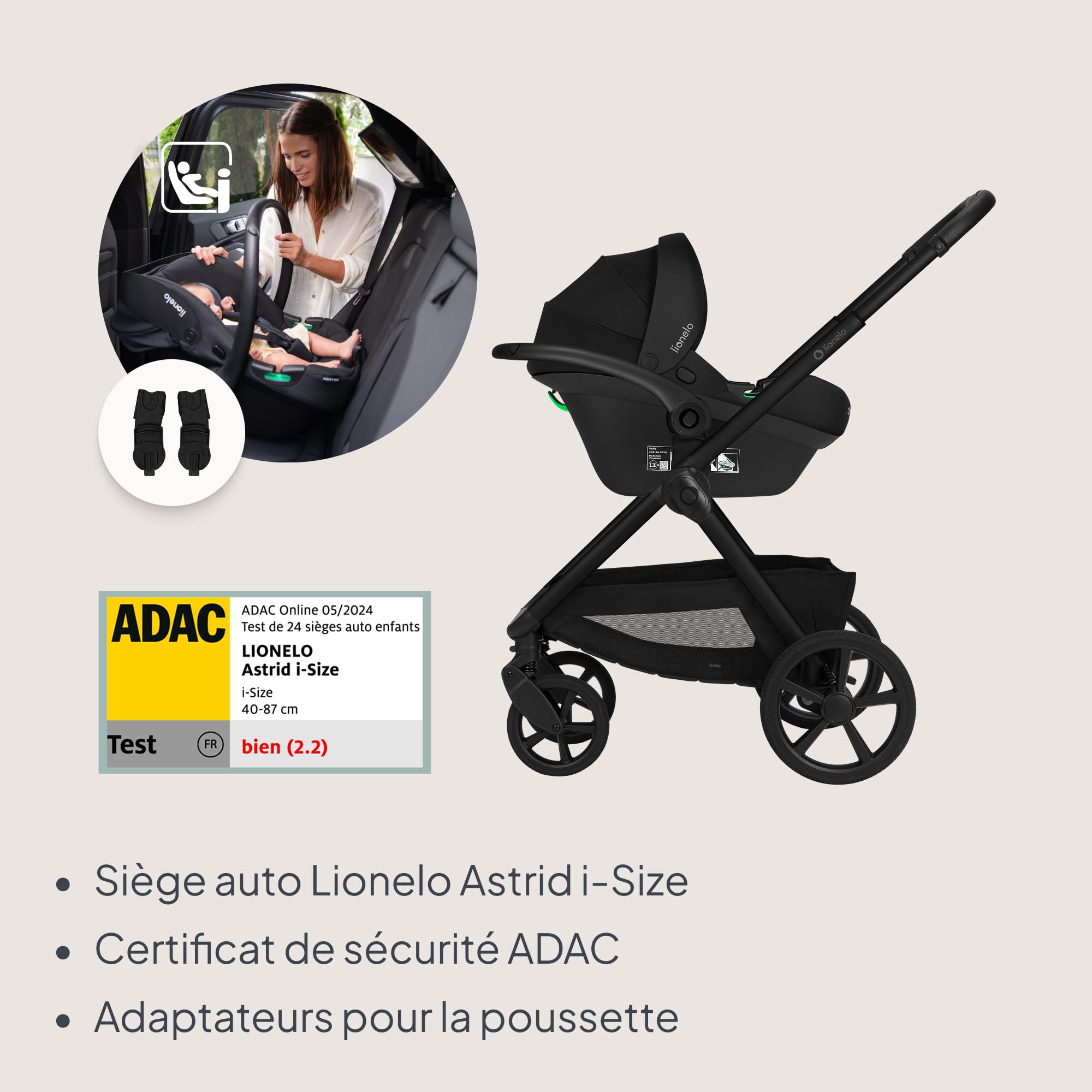 LIONELO Carmine Poussette 3 en 1 3 en 1 (0-4 ans, 0-22 kg), système de voyage ADAC, nacelle et poussette, roues GravelTech, suspension, UPF50+, position allongée, aération, accessoires