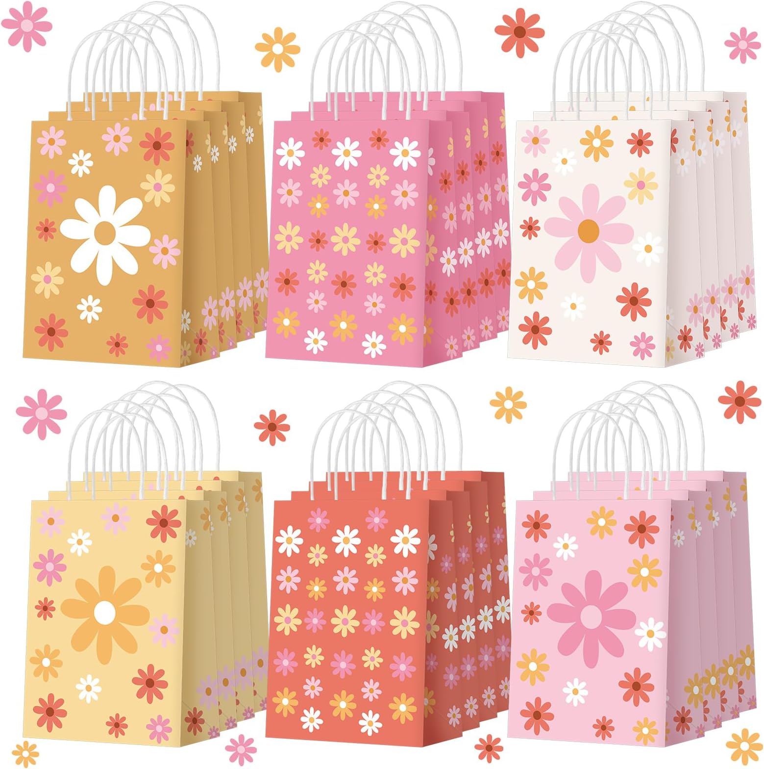 24 Pcs Daisy Gift Bags Bulk Boho Floral Party Favors, Daisy Flower Goodie Bag with Handles for Spring Wedding Birthday Party Decorations Supplies, 6 Styles