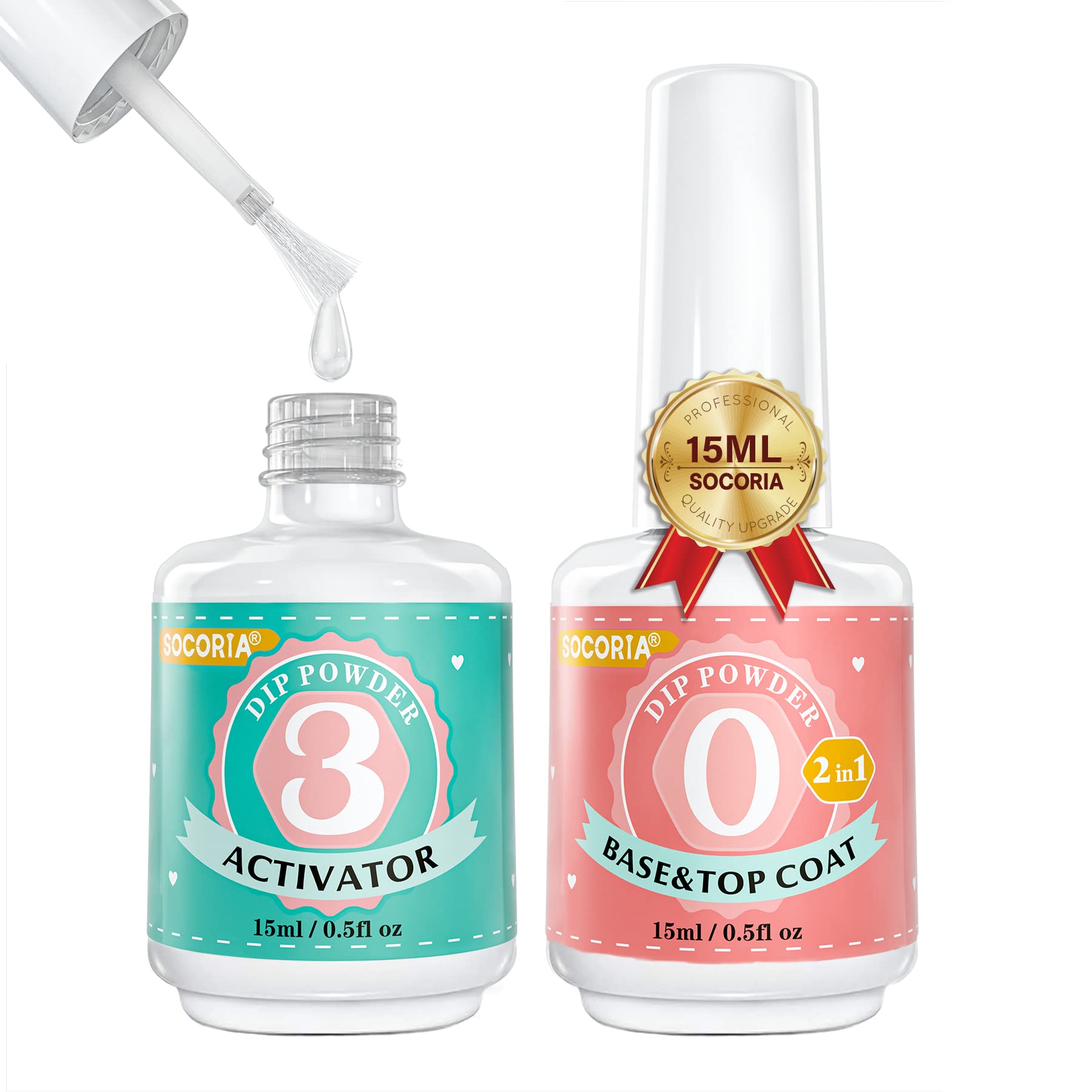 SOCORIADip Powder Liquid Set - 2 in 1 Dip Powder Base & Top Coat and Activator for Dipping Powder Nail Kit, Fast Dry, French Nail Art Beginner Manicure Salon, No Need Nail Lamp Cured(0.5oz)