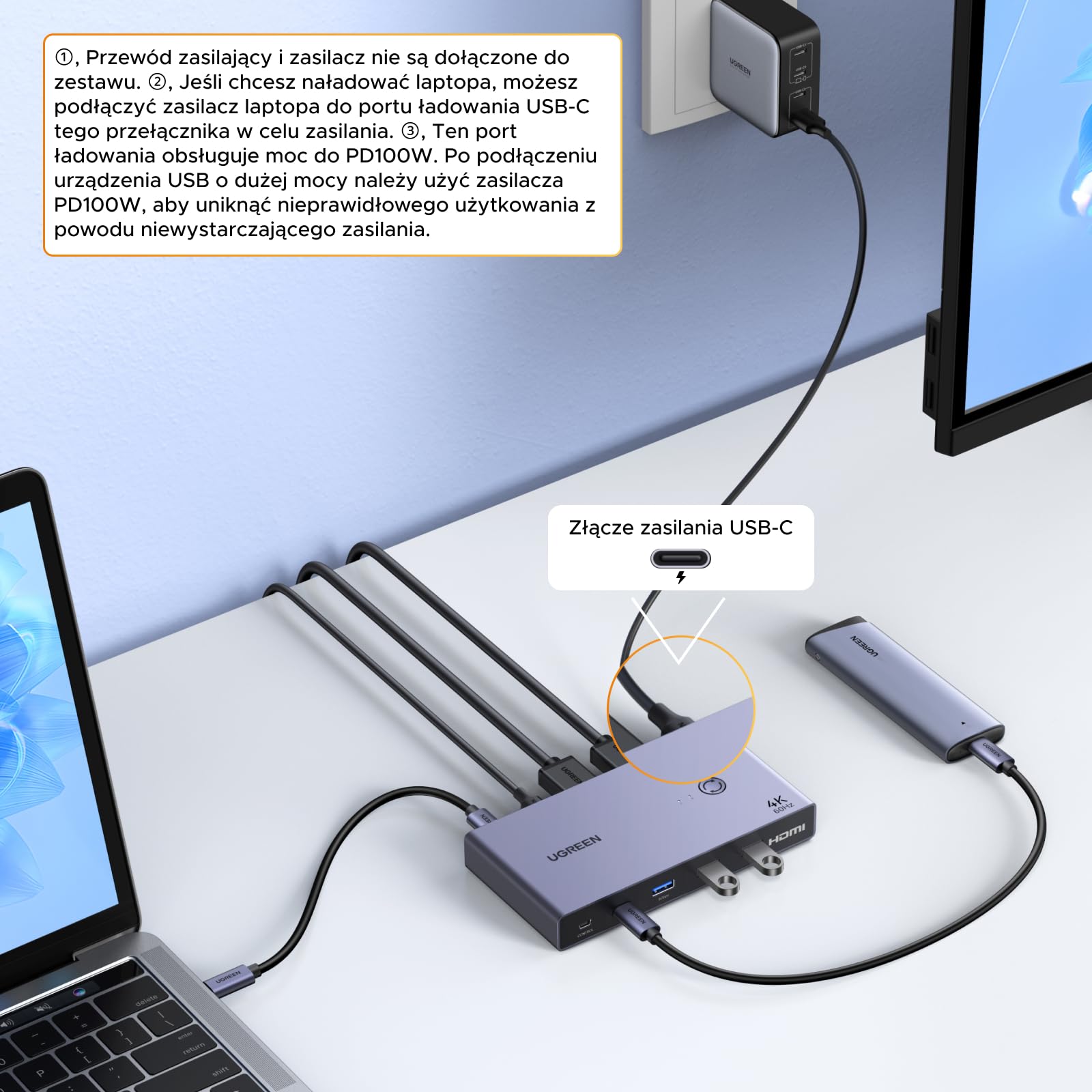 UGREEN Przełącznik KVM USB C 4K60Hz 1 komputer 1 laptop 1 monitor Przełącznik KVM 2 wejścia 1 wyjście z 4 portami USB 3.0 dla myszy, klawiatury, przenośnego dysku twardego itp.