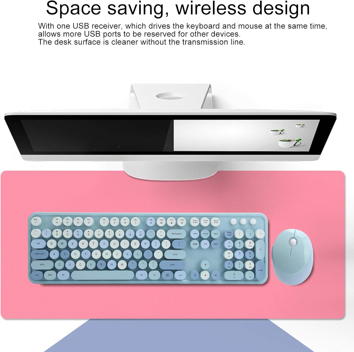 Keyboard and Mouse Combo, Ergonomic Retro Keyboard, 104 Keys Keyboard & 5 Buttons Mouse Combo with Round Keycaps, USB Drive, for Office Home Gaming(Blue)
