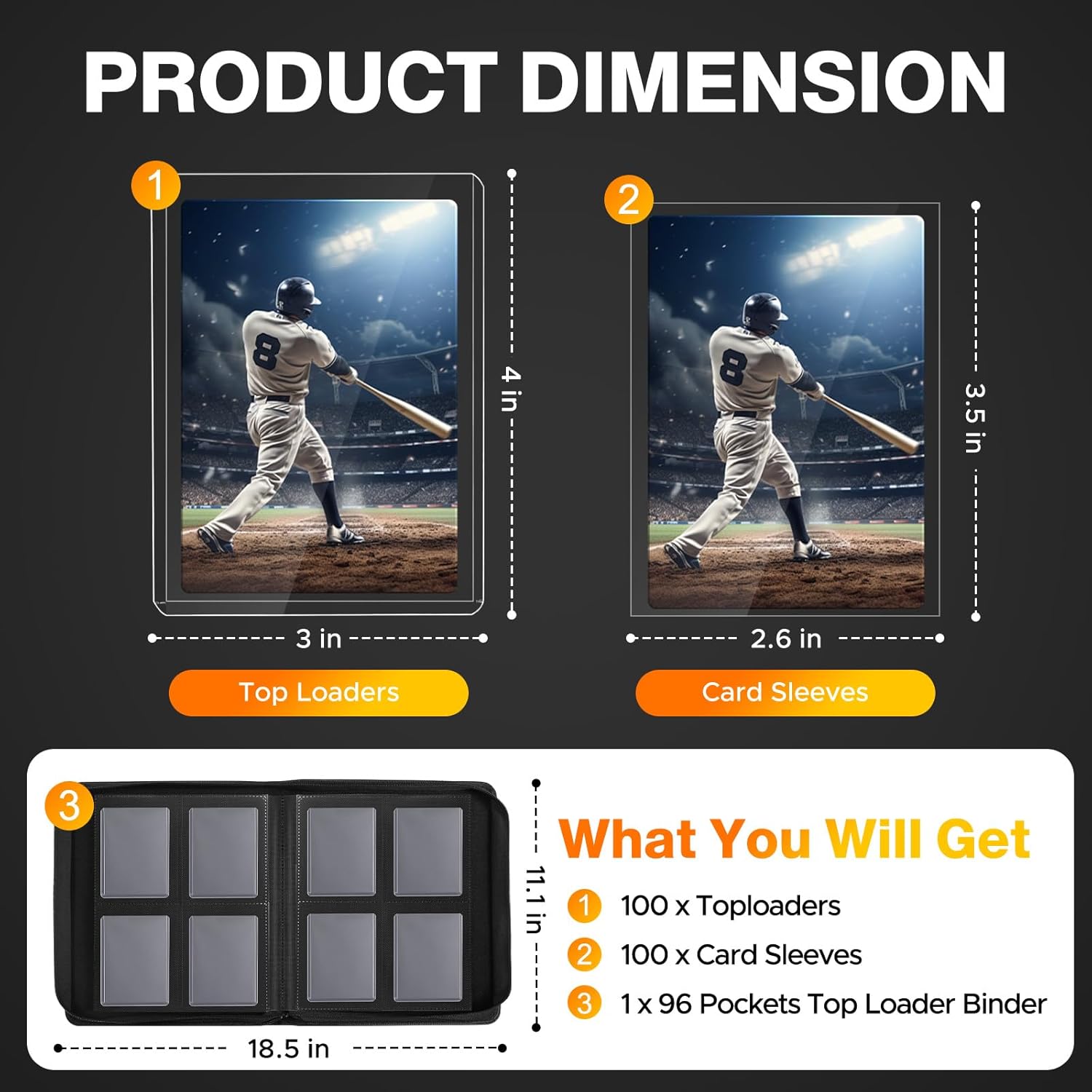200 Card Sleeves Top Loaders for Cards Included 96 Pockets Top Loader Binder, 3" x 4" Baseball Card Protector Hard Plastic Card Holder for Sports Trading Cards (100 Toploaders + 100 Soft Sleeves)